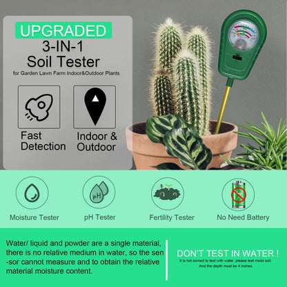 3-in-1 Soil Test Kit, Soil Moisture Meter/Soil ph Meter/Fertility Soil Tester, Soil Hygrometer for Garden, Farm, Plant, Outdoor, Indoor, Lawn Care Moisture Meter for Hous Plants (No Battery Needed)