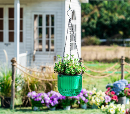 Melphoe 2 Pack Self Watering Hanging Planters Indoor Flower Pots, 6.5 Inch Outdoor Hanging Plant Basket, Hanger with 3Hooks Drainage Holes for Garden Home (Emerald + Gray)