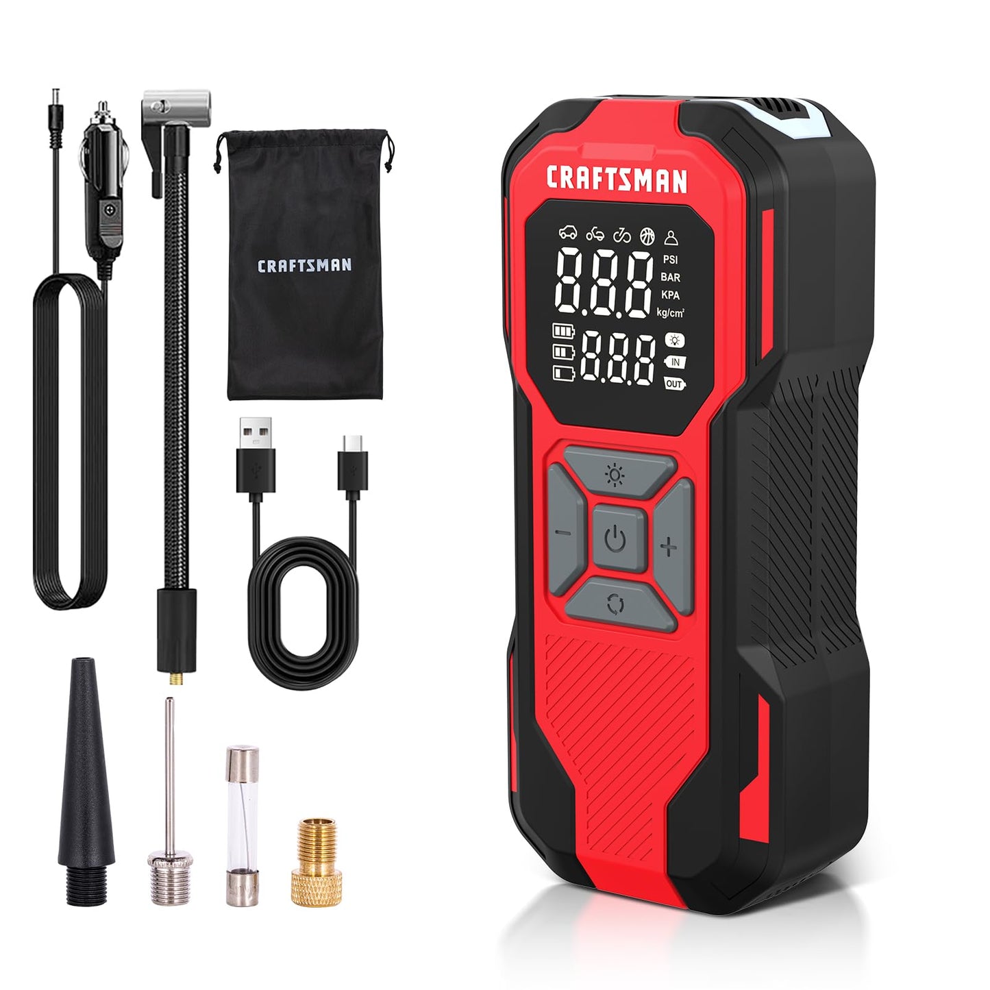 CRAFTSMAN Tire Inflator Portable Air Compressor, Cordless Mini Air Pump for Car Tires with Digital Tire Pressure Gauge, 6000mAh Battery Powered Air Pump, Max Pressure 150 PSI, 12V DC Corded