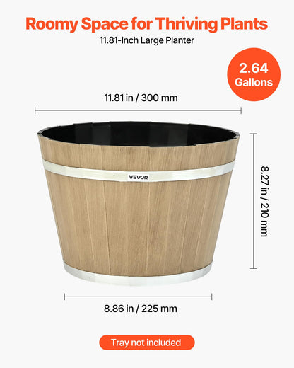 VEVOR Plant Pots, 4 Pack 11.81 inch Whiskey Barrel Planters with Drainage Holes, Large Outside Plastic Decoration Flower Pot Imitation Wine Barrel Design for Indoor Outdoor Garden Home Plants, Brown