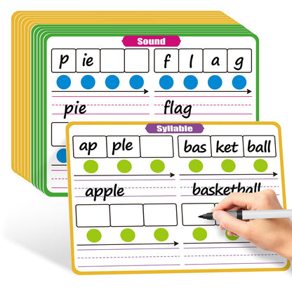 PraxiKidy 12 Pack Phonemic Awareness Dry Erase Flash Card,Phonics Games Science Reading Manipulative Speech Therapy Material Elkonin Box 1st Grade Classroom Must Haves Teacher Homeschool Supplies