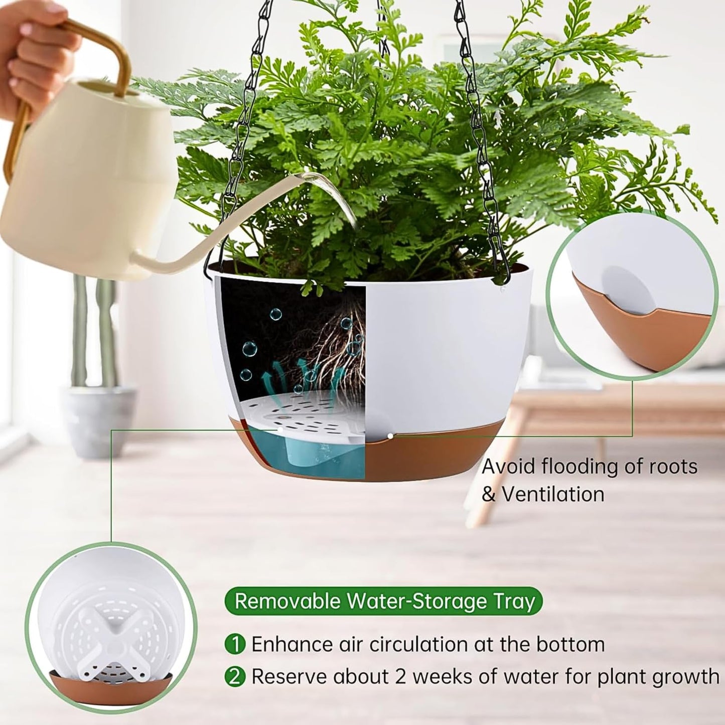 Kvetto Set of 2 Hanging Planters for Indoor Outdoor Plants, 8 Inch Self-Watering Hanging Flower Pots with Drainage Hole & Removable Water-Storage Tray (Hooks)