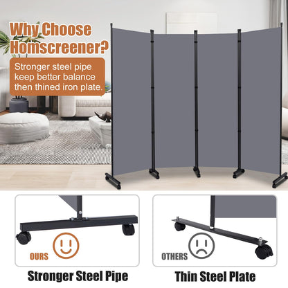 Room Divider Portable 88'' Partition Room Dividers and Folding Privacy Screens 4 Panel Wall Divider for Room Separation，Freestanding Fabric Room Divider Panel with Wheels for Home Office Hospital