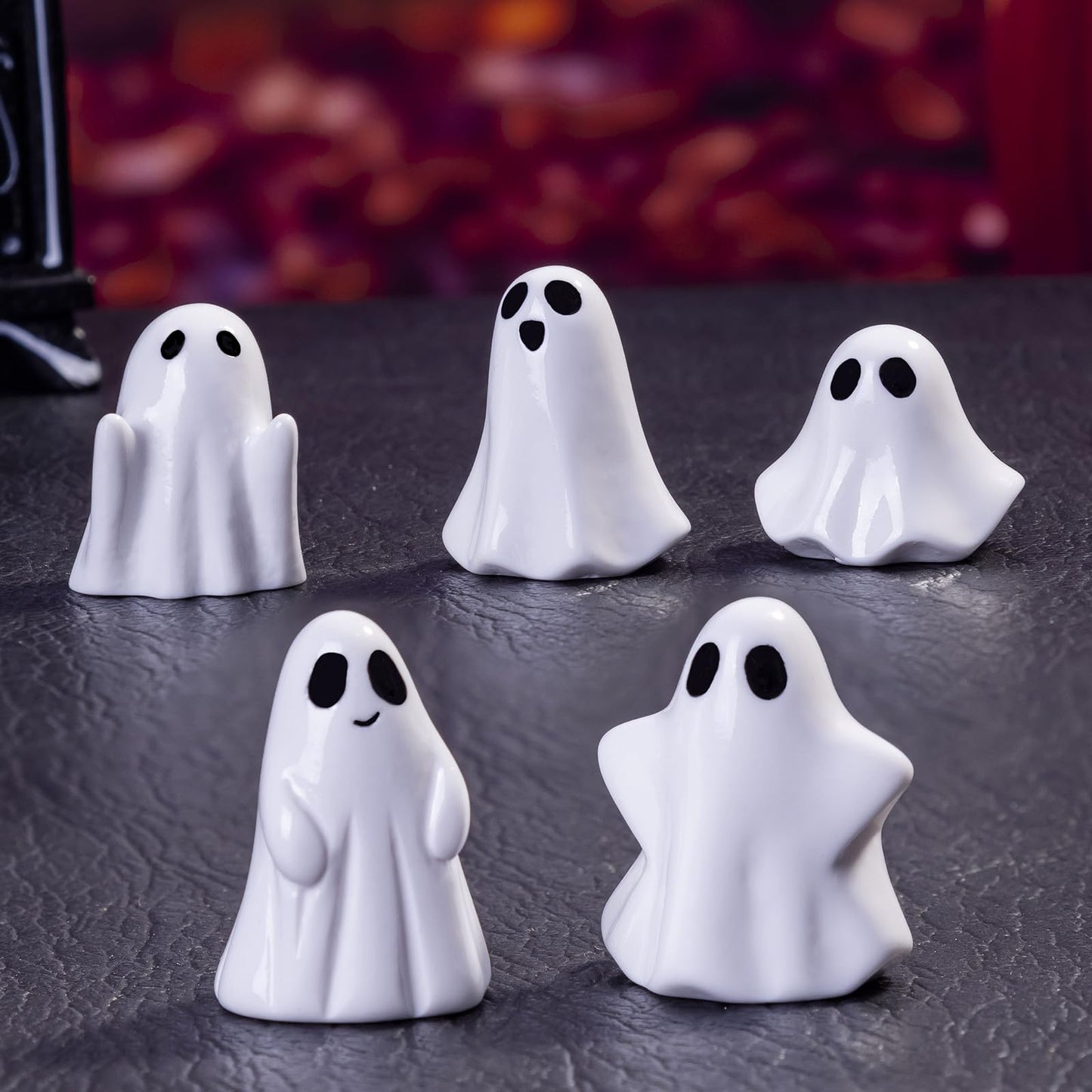 dsooldre 50Pcs Mini Resin Ghost Figurines,Cute Halloween Decorations,Tiny Ghosts for Vase Filler,Tiered Tray,Table Centerpiece & Party Favors (Miniature Home Decor) (50Pc Resin Ghost)