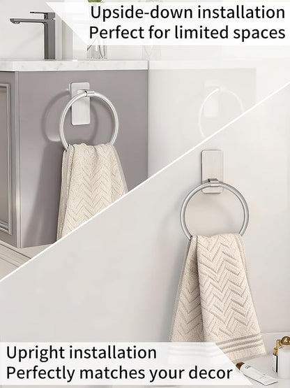 STWWO Brushed Nickel Towel Ring, Hand Towel Holder for Bathroom, Self Adhesive Hand Towel Rings for Bath, Kitchen, RV, No Drill Hole