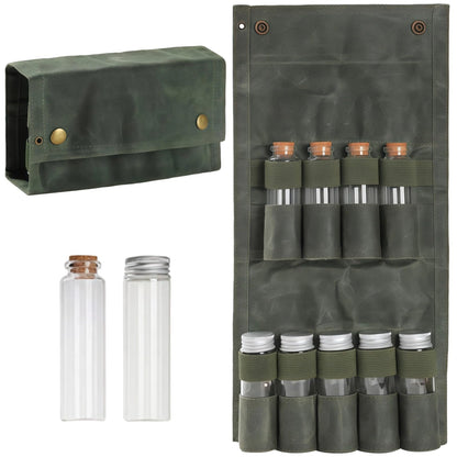 Calolin Camping Spice Kit, Portable Spice Bag for Travel, Including 9 Glass Seasoning Containers, Wear-Resistant Waxed Canvas, Foldable Design, Suitable for Outdoor Cooking