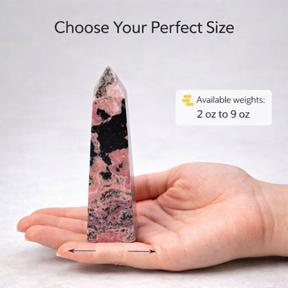 Natural Rhodonite Crystal Tower - Peruvian Real Crystals for Meditation, Reiki & Heart Chakra Healing. Pink Obelisk Decor Gift (5 to 6 oz)