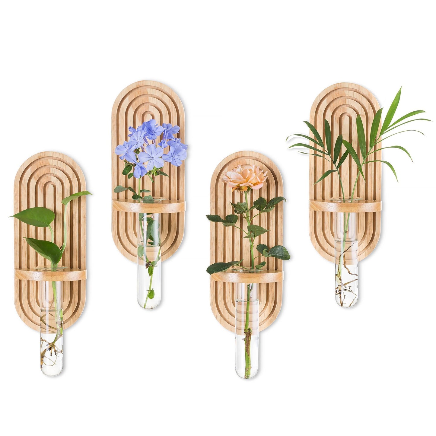 Glasseam Propagtion Stations for Wall Decor: 4pcs Boho Hanging Glass Propagation Vases for Plants and Flowers - Indoor Wood Wall Planter with Test Tube for Living Room Entryway Office Home Decor