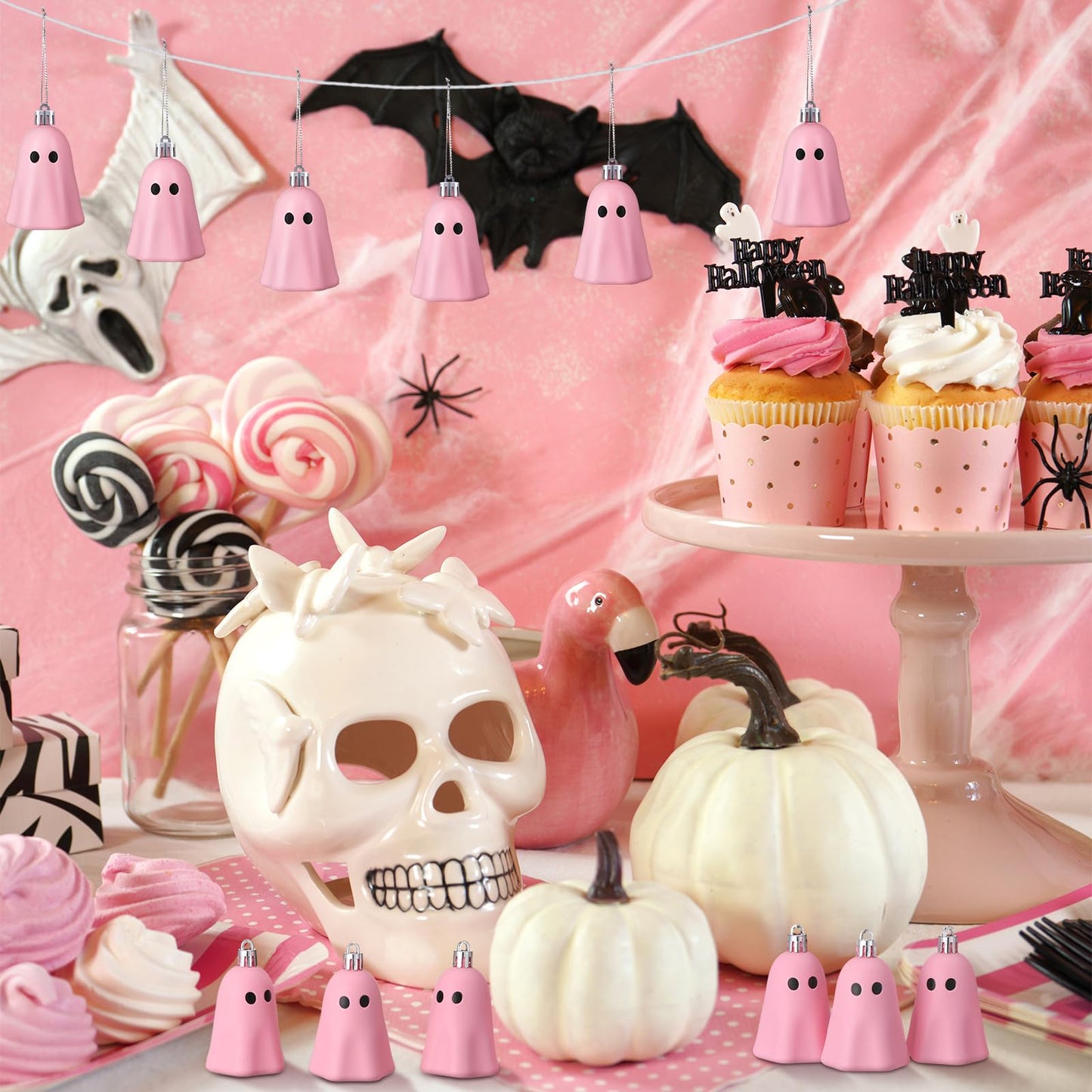 Tigeen 12 Pcs Halloween Hanging Ornaments Cute Ghost Decoration Halloween Tree Decoration Plastic Decorative Mini Ghost Ornaments for Home Tree Party Supplies (Cute,Pink)