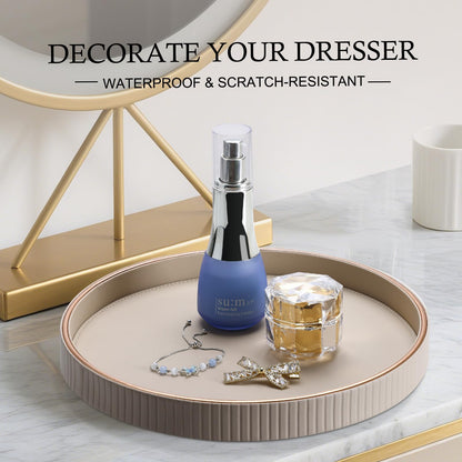KINGFOM Round Decorative Tray, PU Leather Vanity Tray Organizer with Gold Trim for Dresser, Coffee Table & Bathroom Counter, Modern Home Decor Jewelry & Perfume Tray for Men Women (Beige)