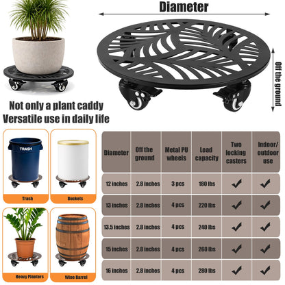 1 Pack Metal Plant Caddy with Wheels 12 Inch Large Heavy-duty Rolling Plant Stands with Casters Wheeled Planter Dolly Pot Mover Rollers Rust-proof Round Garden Trolley Coasters for Indoor Outdoor Use