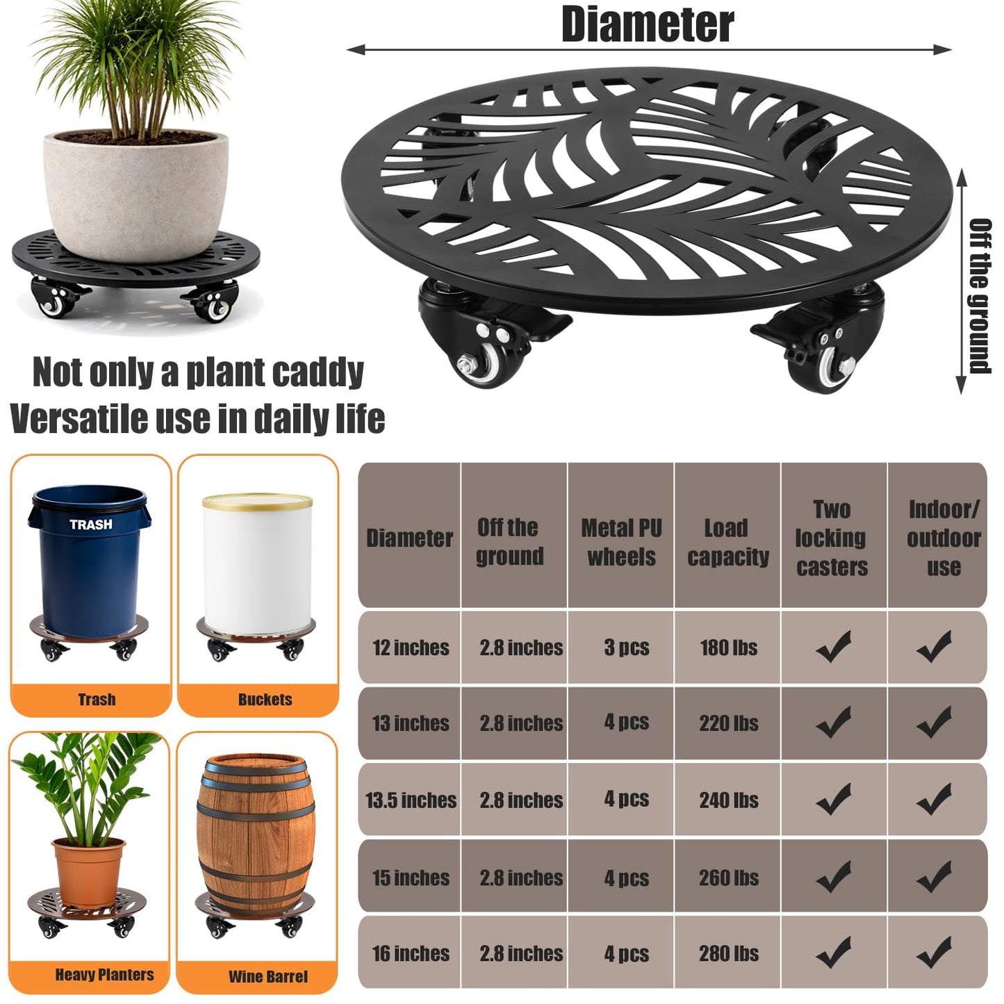 2-pack 16" Metal Plant Caddy with Wheels Extra-large Heavy-duty Rolling Plant Stands with Casters Wheeled Planter Dolly Pot Mover Rollers Rust-proof Round Garden Trolley Coaster for Indoor Outdoor