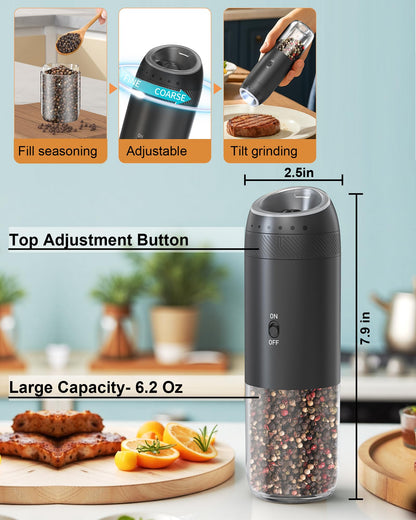 Soenglyun Gravity Salt and Pepper Grinder Set with Charging Base, Automatic Salt Grinder Electric with LED Light & 6 Adjustable Coarseness, One-Handed Operation and 176ml Capacity, Black