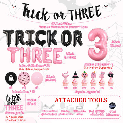 Pink Trick or Three Theme Halloween 3rd Birthday Party Decorations Trick or Three Foil Balloon Banner Garland Halloween Theme Cake Cupcake Toppers for Halloween Three Birthday Party Decor Supplies