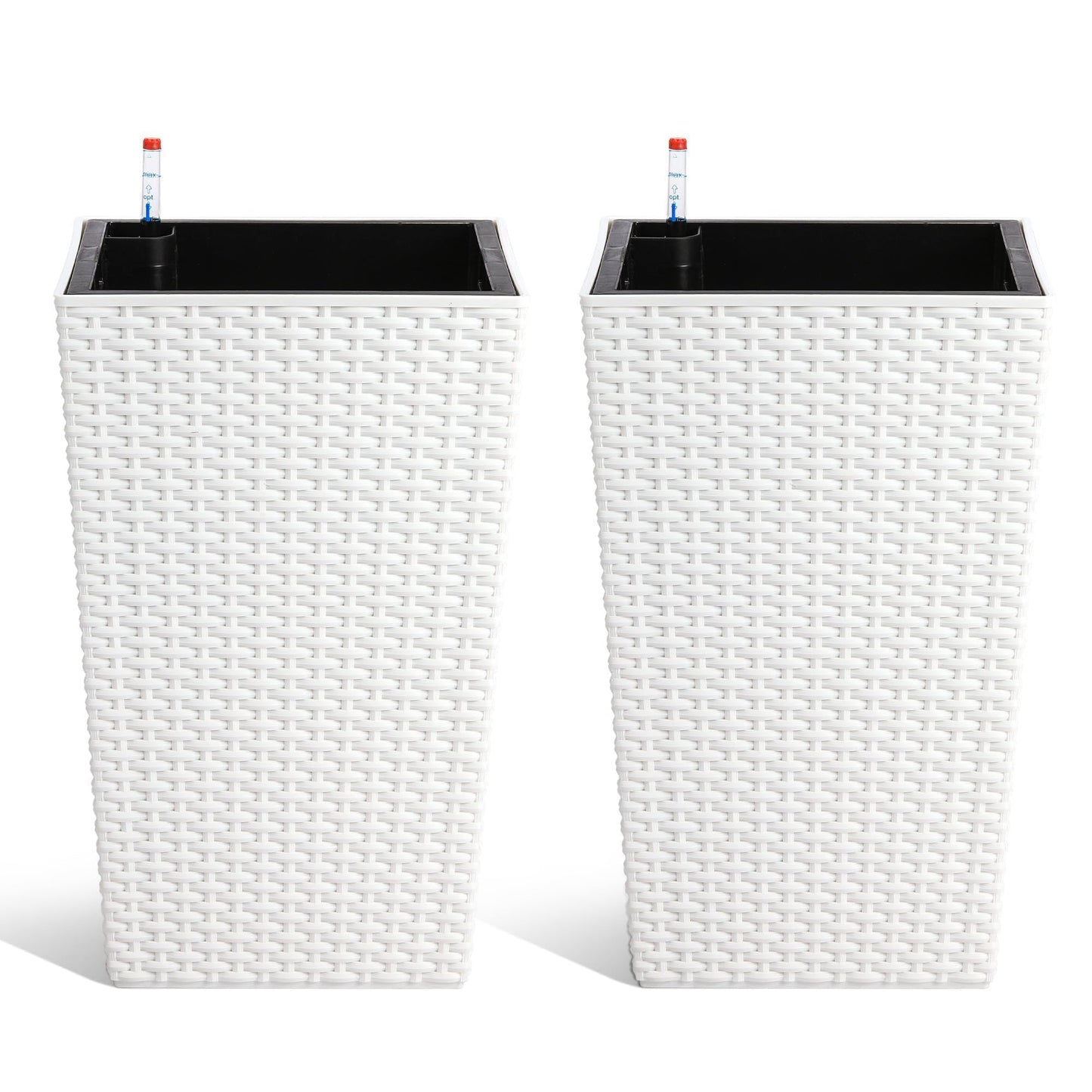 Tall Planters Set of 2, with Large Outdoor & Indoor Pots with Drainage Holes, Water Level Gauge, Inner Insert, Trays & Wheels, Auto-Watering Front Porch Planters for Terrace, Home, Office,White