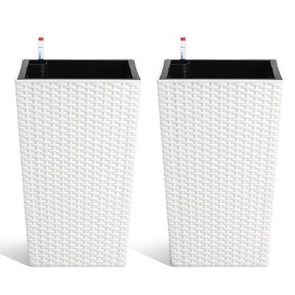 Tall Planters Set of 2, with Large Outdoor & Indoor Pots with Drainage Holes, Water Level Gauge, Inner Insert, Trays & Wheels, Auto-Watering Front Porch Planters for Terrace, Home, Office,White