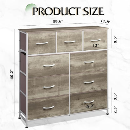 WLIVE 9-Drawer Dresser, Fabric Storage Tower for Bedroom, Hallway, Nursery, Closet, Tall Chest Organizer Unit with Fabric Bins, Steel Frame, Wood Top, Easy Pull Handle, Greige