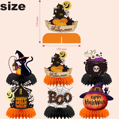 Halloween Decorations Honeycomb Table Centerpieces & Banner Set – 7PCS Black Cat, Haunted House, Pumpkin, Witch Hat & Cauldron Halloween Party Supplies for Home, Office, Classroom