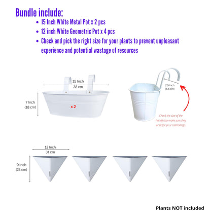LaLaGreen Bundle- 2 Pack, 15 Inch White Metal Pot + 4 Pack, 12 Inch Geometric Self Watering Pot Modern Flower Vase Vessel Home Vertical Wall Mount Garden Window Rail Box Herb Plant Bucket Garden Decor