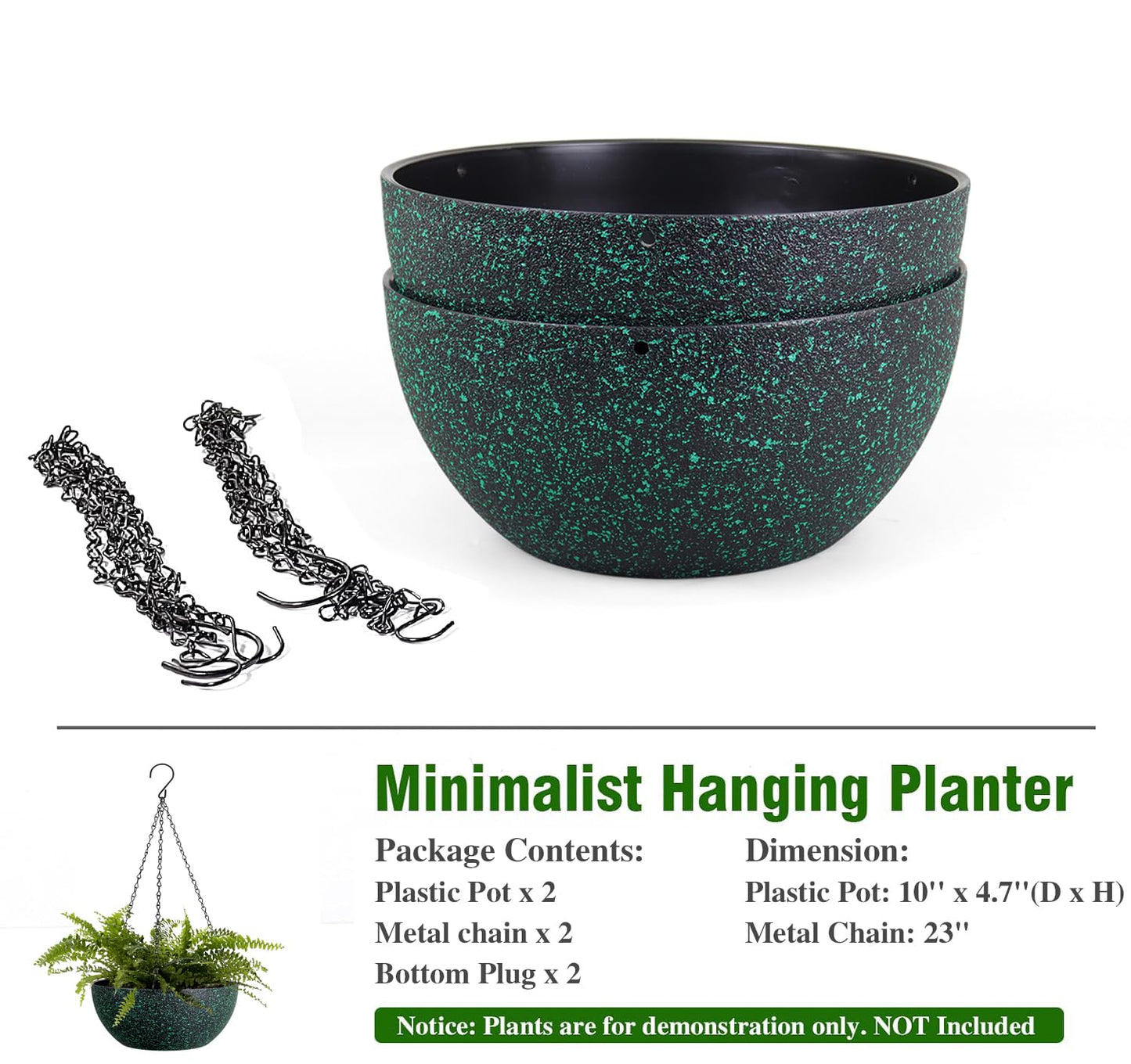 WSMKSZ 10inch Hanging Planters for Outdoor Indoor Plants with Drainage Holes and Chain, 2 Pack Round Hanging Flower Pots for Garden Home Porch Decor, Black with Green Speckles
