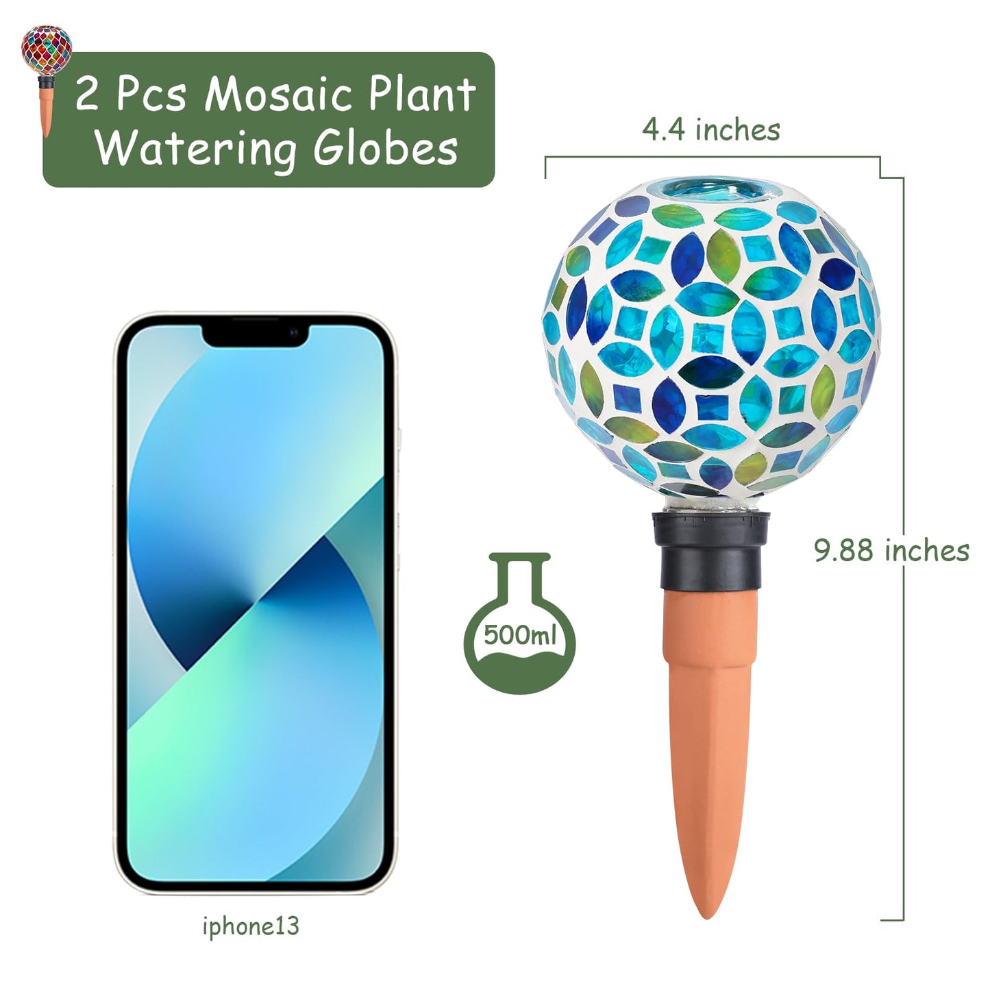 Chonsun Plant Watering Spikes Mosaic Self Watering Globes 2 Pack Large Self Watering Planter Insert Automatic Watering Bulbs for Outdoor Plants