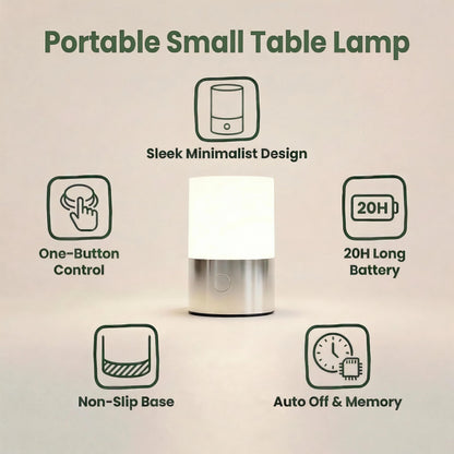 LomakGlow Small Table Lamp - Rechargeable, Portable, Up to 20-Hour Battery Life, 10 Brightness Levels, Auto-Off Timer, Waterproof, Warm Light for Bedside, Travel, Camping & Décor-Nickel Finish