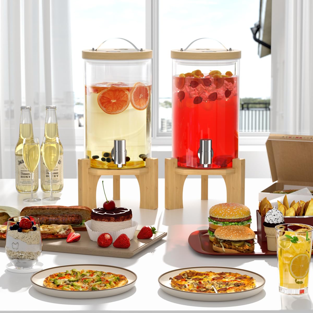 VOVUVK 1 Gallon Glass Drink Dispenser For Parties, Beverage Dispenser With Bamboo Wood Stand And Stainless Steel Spigot, Countertop Water Dispenser, Lemonade Dispenser For Wedding, Picnic (1PACK)