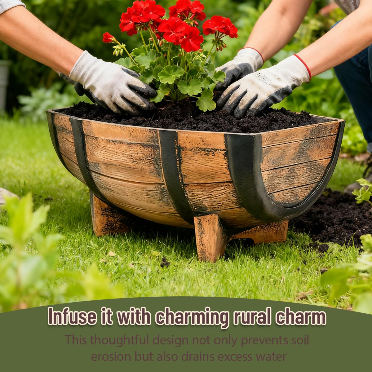 Whiskey Barrel Planter,Set of 6 Half Barrel Planters for Outdoor Plants with Removable Drain Screen,Weather Resistant Plastic Flower Pots for Indoor Outdoor Garden,Patio,Lawn,16.14x11.8x7.28 Inch