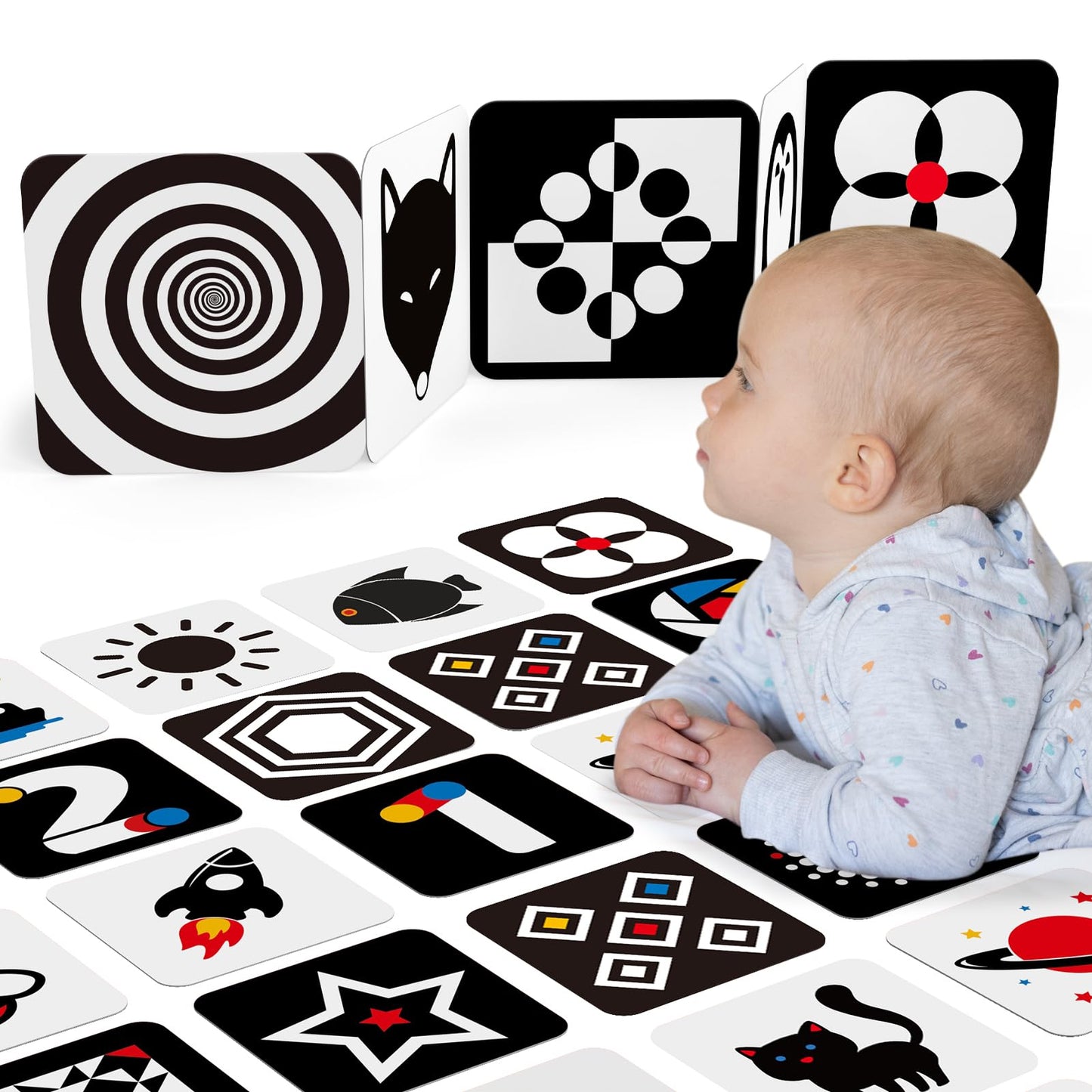 hahaland Tummy Time Contrast Flash Cards for Infants 0-3-6 Months, Newborn Sensory Visual Stimulation Baby Gift, Educational Brain Development Toys, Black and White Activity Cards 20 Cards