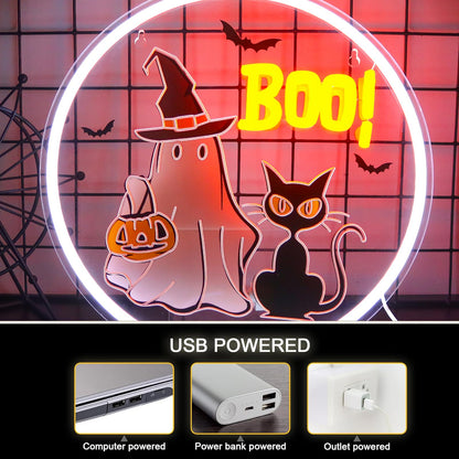 WittyRhE Halloween ghost Neon Sign BOO neon Light Wall Decor for Bedroom Club Party Bar Shop Gift Art for Boys Girls Family-12.2×12.2 IN-USB Powered-Acrylic