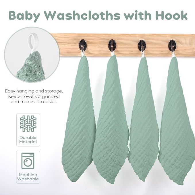 Yoofoss Muslin Baby Washcloths 100% Organic Cotton Face Towels 6 Pack Wash Cloths for Baby 12x12in Soft and Absorbent Baby Wipes (Dark Green)