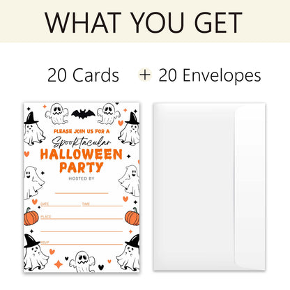 XZMBQ Halloween Party Invitations – 20 Cute 4x6 Inch Cards with Envelopes, Ghost & Pumpkin Design, Halloween Invitation Kit for Trick-or-Treat or Costume Party.(178)