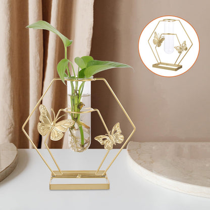 GOOHOCHY Glass Plant Terrarium Butterfly Pattern Hexagonal Vase with Metal Frame Desktop Decoration Home Flower Storage Vase for Living Room Tabletop Display