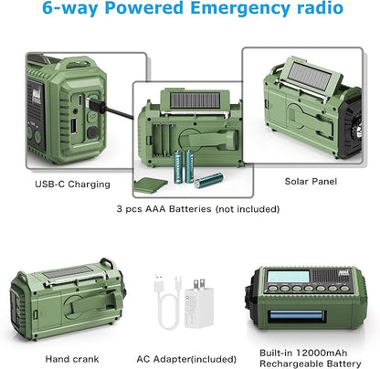 Eoxsmile NOAA Weather Radio 12000mAh - Emergency Radio Hand Crank Solar Battery Operated Portable AM/FM Shortwave Radio with USB-C Charger, Flashlight, SOS Alert for Home Outdoor Hurricane Survival