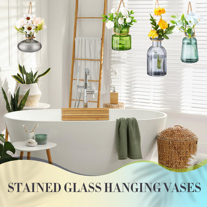 Wonderjune 4 Pcs Stained Glass Hanging Vases Hanging Glass Planters Small Plant Terrarium Pot Containers with Rope for Garden Home Indoor Outdoor Decor, 4 Styles (Artsy)