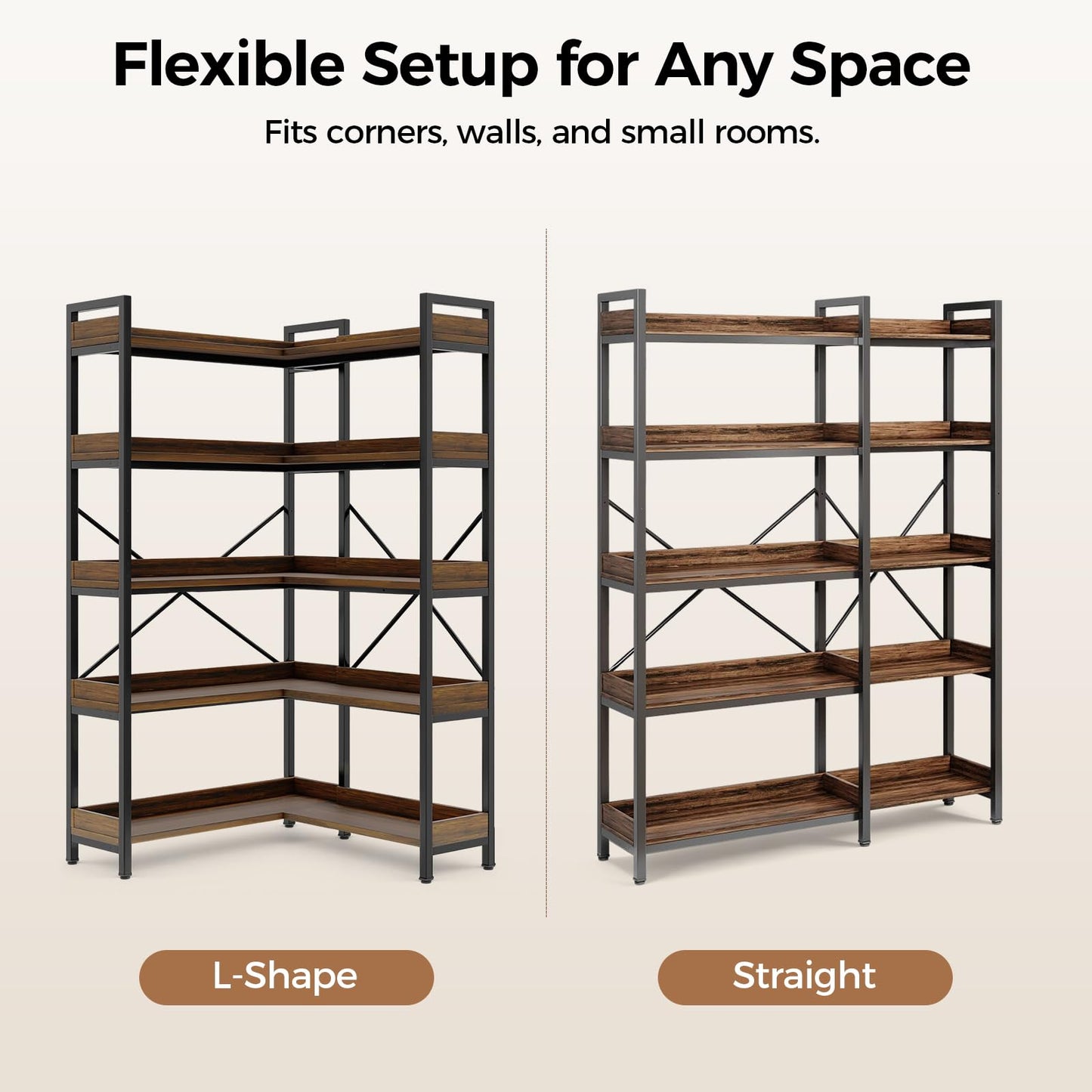GTPLAYER 5-Tier Corner Bookshelf, L-Shaped Metal Frame Shelf with Tall 14" Shelves, Plant Stand and Storage Rack for Small Spaces, Living Room and Home Office, Rustic Brown