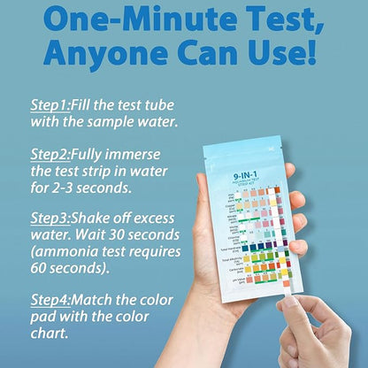 10-in-1 Ammonia Test Kit Aquarium (100 Strips): 50 Multi-Test + 50 Ammonia | Aquarium Test Strips for Freshwater & Saltwater. for Fish Tanks, Aquariums & Pond Water Test kit. Test Nitrate, pH & More
