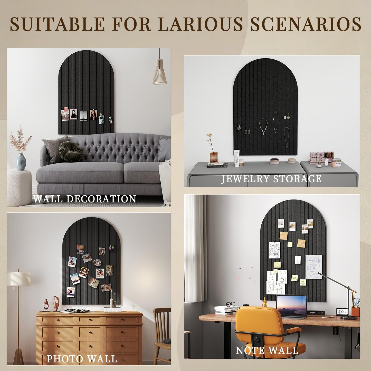 JBER Large Arched Felt Bulletin Board 36" x 24" - 6 Pack Felt Wall Tiles, Cork Board Alternative to Use in Office & Home Decor, Classroom Decor, Vision Board to Display Your Photos(Black)