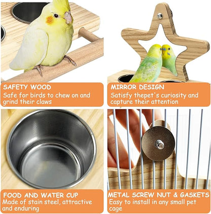 Tfwadmx Parrot Wooden Feeding Cups with Wooden Platform Stainless Steel Birds Bowls Food Water Bowls with Bird Food Holder for Cockatiel Conure Budgie Parakeet Macaw Lovebird