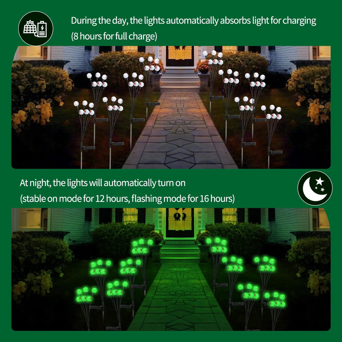 MOUOUSO Solar Halloween Lights，2 Pack Outdoor Halloween Decorations Lights, 12LED Green Eyeball Swaying Lamps for Garden Decor, Yard, Lawn, Party Decorations