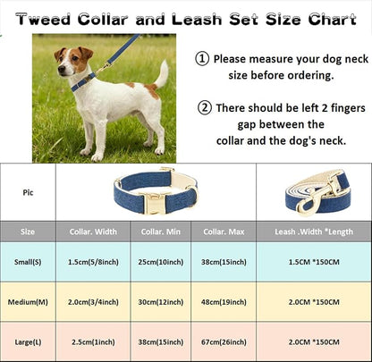 Luxury Soft Cotton Tweed Fabric Dog Collar & Leash Set with Gold Buckle – Durable Fabric, Stylish Design for Everyday Walks(Small Navy)