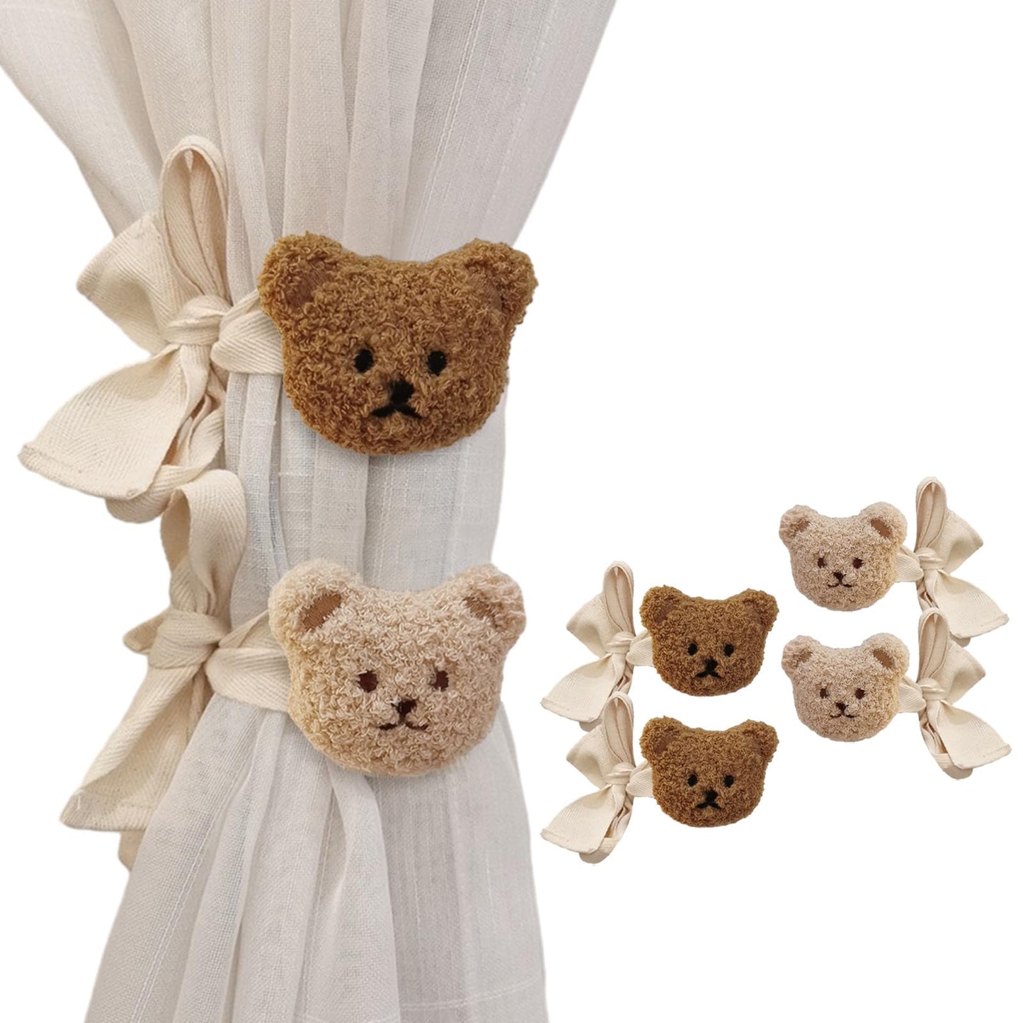 Whaline 4Pcs Bear Curtain Ties Cute Cartoon Bear Curtain Tieback Decorative Embroidered Animal Shape Rope Holdbacks for Home Office Bedroom Living Room Window Treatment Decor