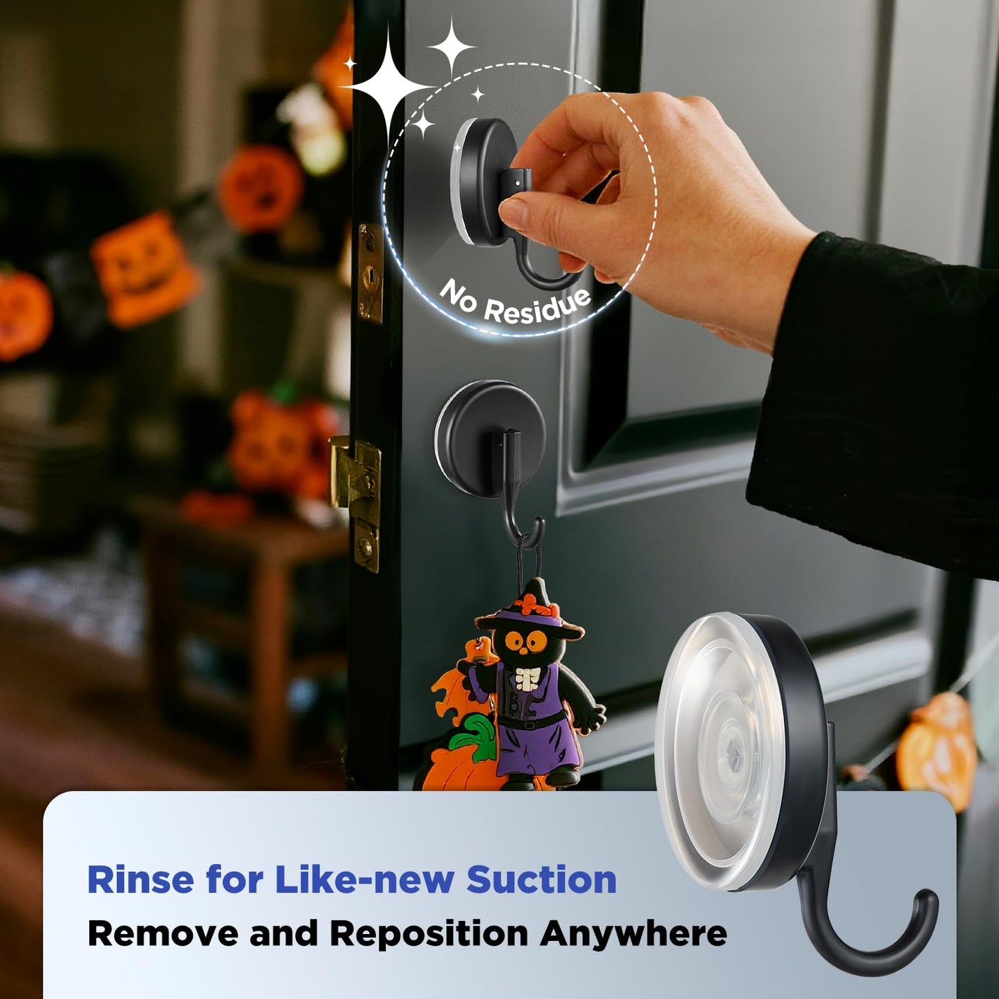 OUTXE Wreath Hanger for Front Door, Upgraded Suction Cup Reef Hook for Glass Window/Over Door, Christmas/Thanksgiving/Halloween/July 4th/Easter/Valentine/Spring/Summer/Fall (Black, 4-Pack)