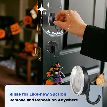OUTXE Wreath Hanger for Front Door, Upgraded Suction Cup Reef Hook for Glass Window/Over Door, Christmas/Thanksgiving/Halloween/July 4th/Easter/Valentine/Spring/Summer/Fall (Black, 4-Pack)
