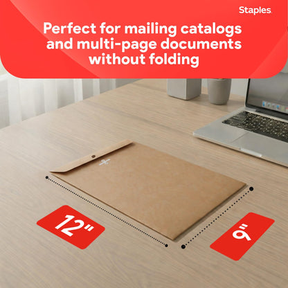 Staples 9 x 12 Kraft Clasp Catalog Envelopes, Brown, Eco‑Friendly Heavyweight Mailing Envelopes with Metal Clasp & Gummed Seal, 100/Pack