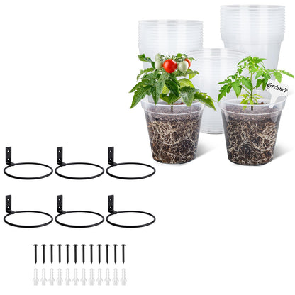 GREANER 7 Inch Transparent Plastic Garden Pots, 6 Inch Black Plant Pot Holders, 15 PCS Clear Plant Pots with Drainage Holes, 6 PCS Wall Mounted Pot Hook Bracket for Balcony, Home, Garden, Yard