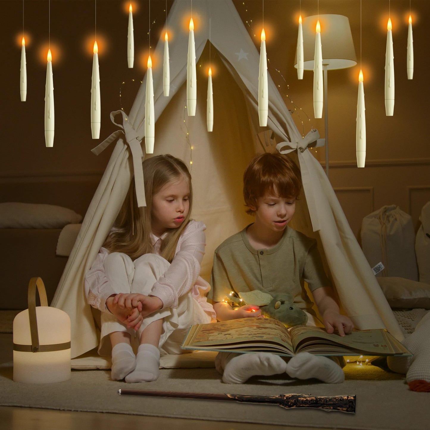 AFINETH Flameless Floating Candles with Wand, Magic Hanging LED Candles, Ivory Battery Operated Electric Taper Candles for Halloween, Christmas, Birthday Parties, 12 PCS
