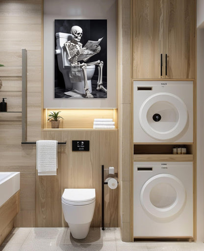 Canvas Wall Art Bathroom Decor Skeleton Sitting on Toilet Reading the Newspaper Picture Funny Skull Painting Modern Artwork for Home Decor Framed(Art-1,16.00"x24.00")