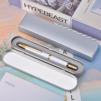 Jinhao 10 Press Fountain Pen with Box, Pearl White Retractable Extra Fine Nib with Ink Converter Set (Golden Clip)