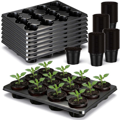 Baderke 96 Pcs 4 inch Seedling Pots and 8 Pcs 12 Cell Reusable Plastic Nursery Pots Trays Thick Sturdy Seeds Starting Germination Carrying Trays Black Small Planter Nursery Propagation 8 Sets(Black)